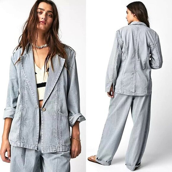 FREE PEOPLE Wanderlust Oversized Striped Cotton Blazer in Blue & White Wash - Picture 14 of 14